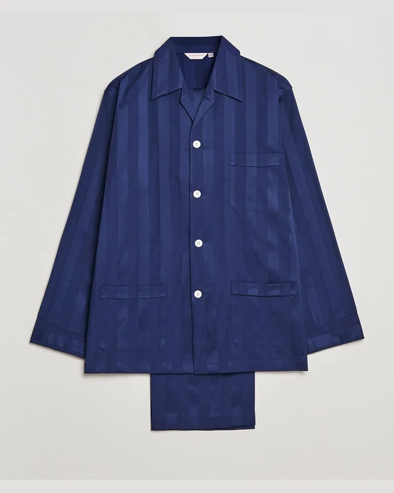 Derek Rose Striped Cotton Satin Pyjama Set Navy Blau
