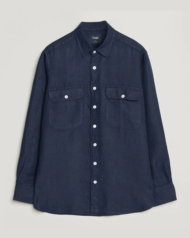 Drake's Drake Linen Twill Deep Pocket Work Shirt Navy Blau