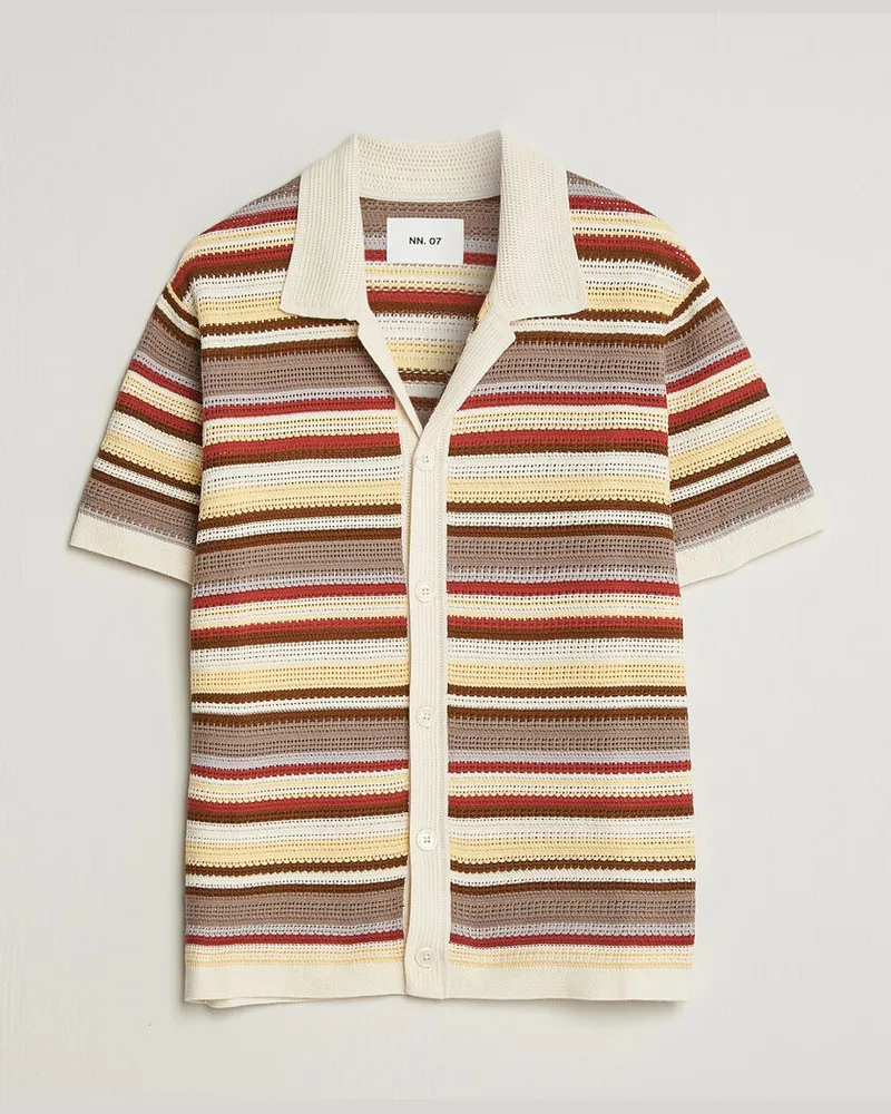 NN 07 Lars Striped Knitted Short Sleeve Shirt Ivory Multi Mehrfarbig