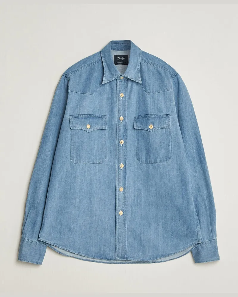 Drake's Drake Denim Western Shirt Bleached Blue Blau