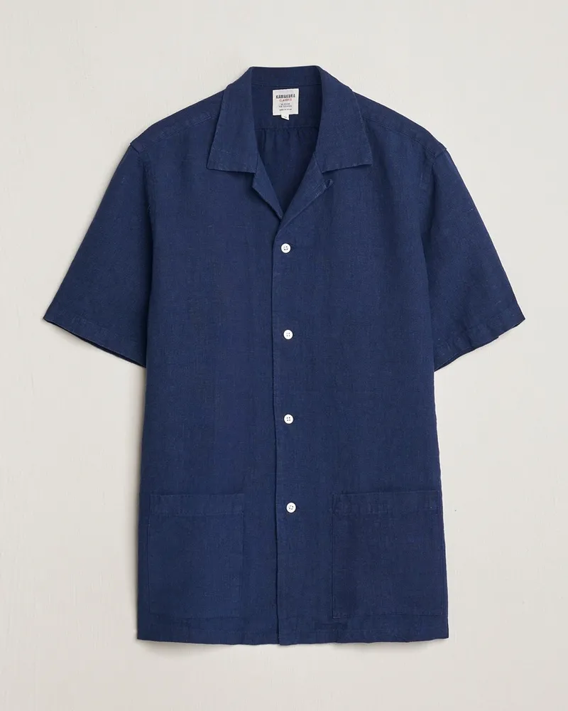 Kamakura Shirts Heavy Linen Beach Shirt Navy Blau