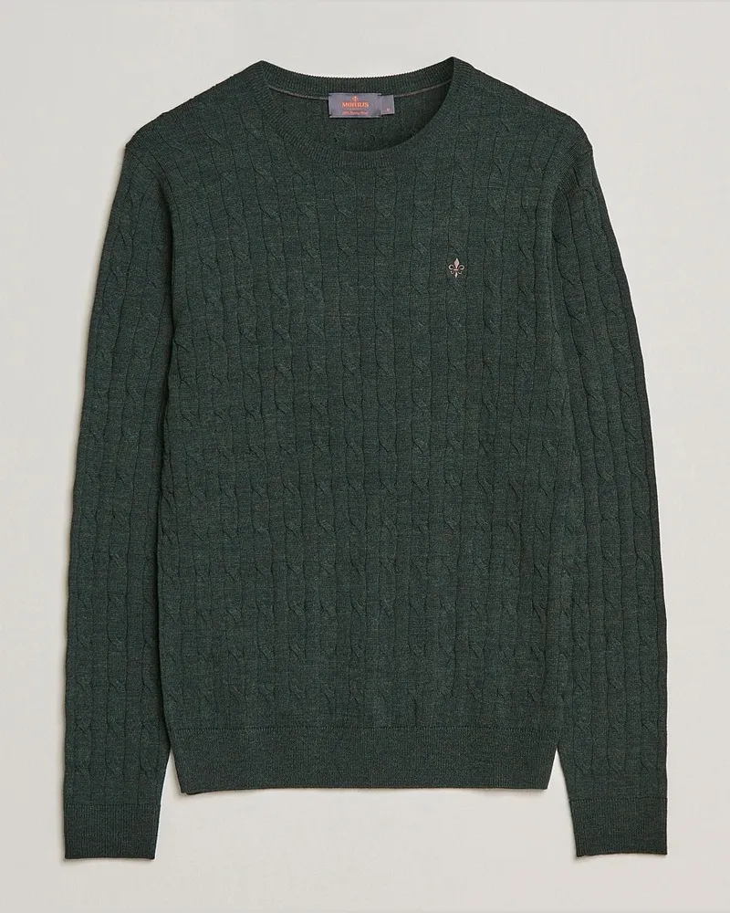 Morris Merino Cable Crew Neck Olive Grün