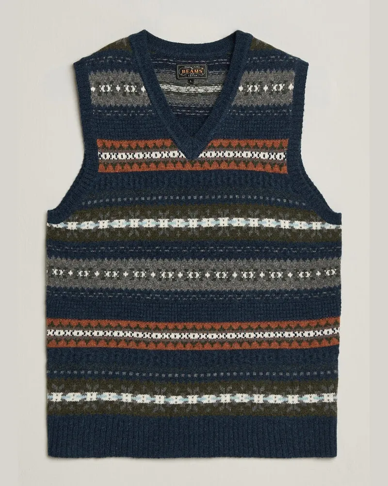 Beams Plus Fair Isle Knit Vest Navy Blau