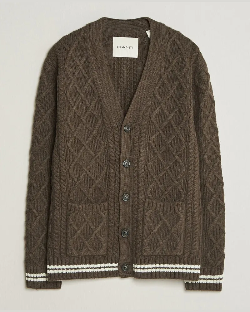 Gant Wool Cable Knitted Cardigan Shadow Brown Braun