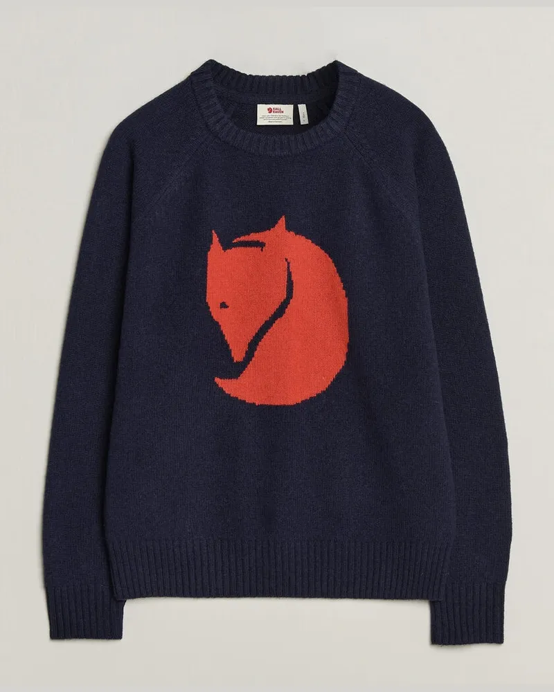 Fjäll Räven Logo Knit Wool Sweater Dark Navy Blau