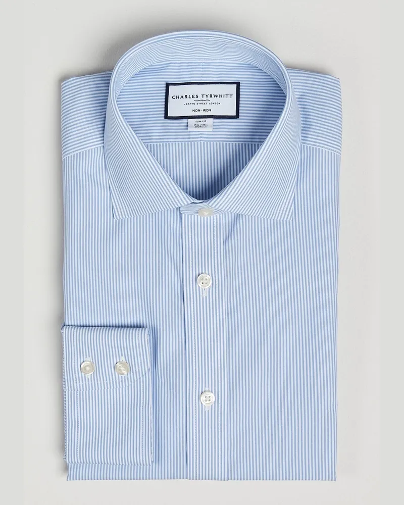 Charles Tyrwhitt Slim Fit Non Iron Bengal Stripe Poplin Shirt Sky Blue Blau