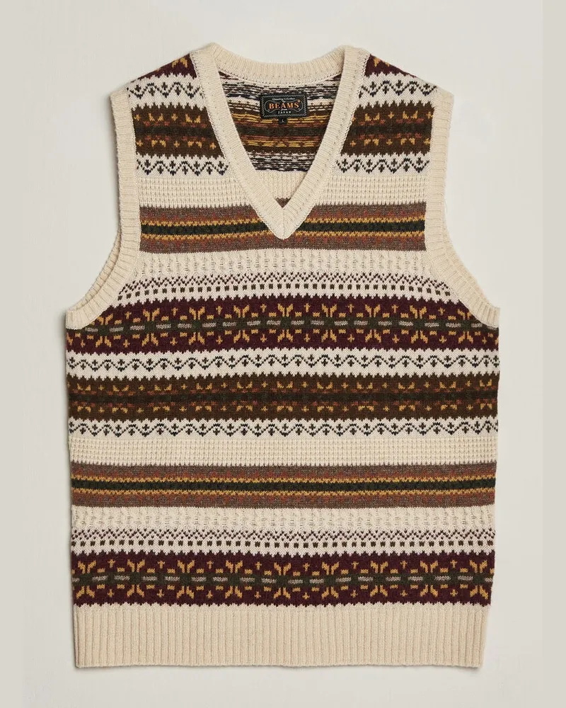 Beams Plus Fair Isle Knit Vest Beige Beige