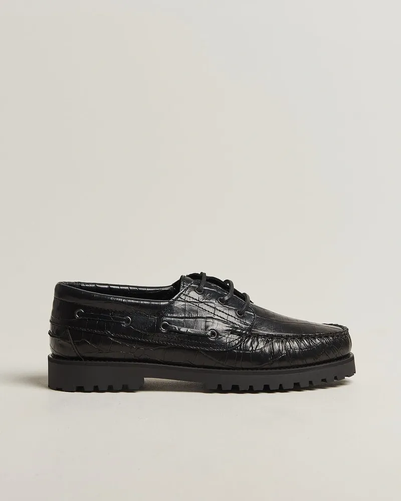 LES DEUX Croco Boat Shoe Black Schwarz