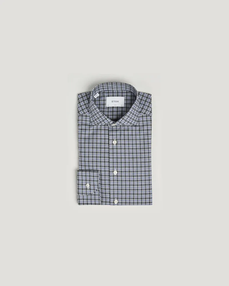Eton Slim Fit Checked Wrinkle Free Flannel Shirt Dark Grey Grau
