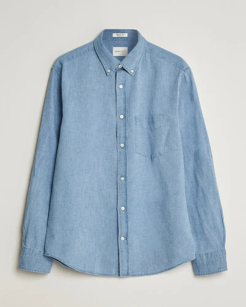 Gant Regular Fit Cotton Linen Indigo Shirt Semi Light Blue Blau