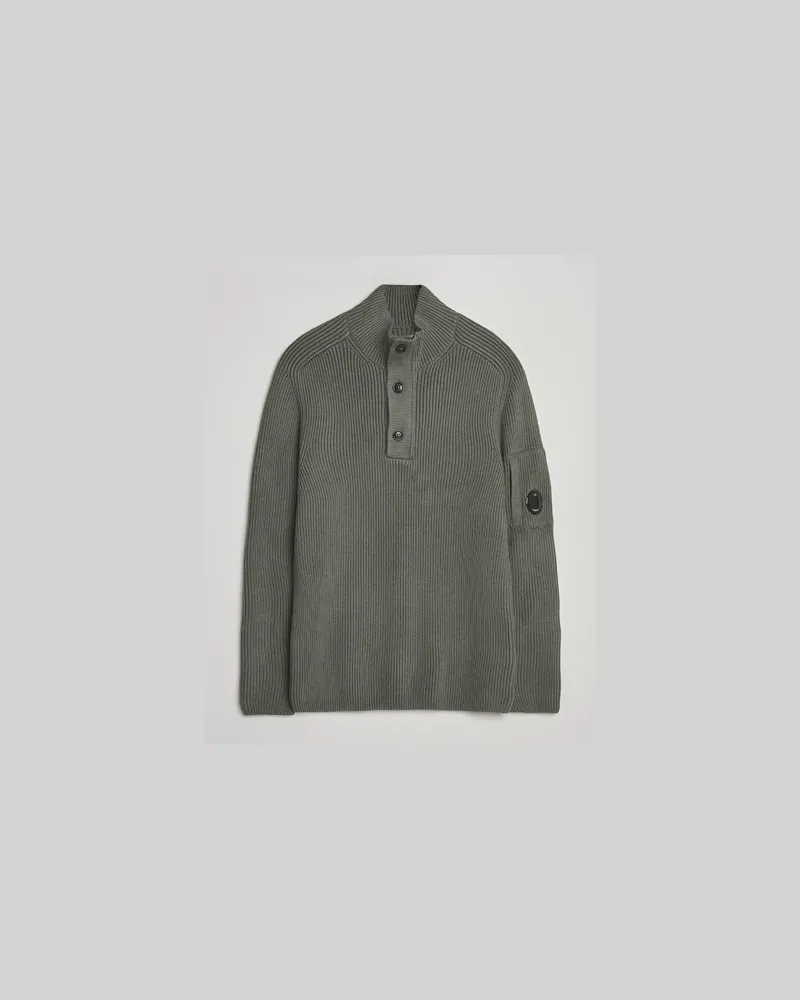 C.P. Company Full Rib Knitted Cotton Half Button Grey Grün