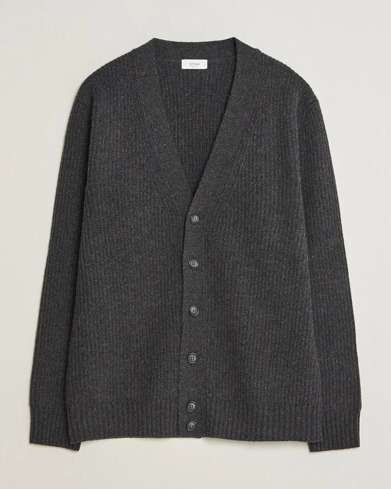 Eton Merino Wool Rib Cardigan Dark Grey Grau