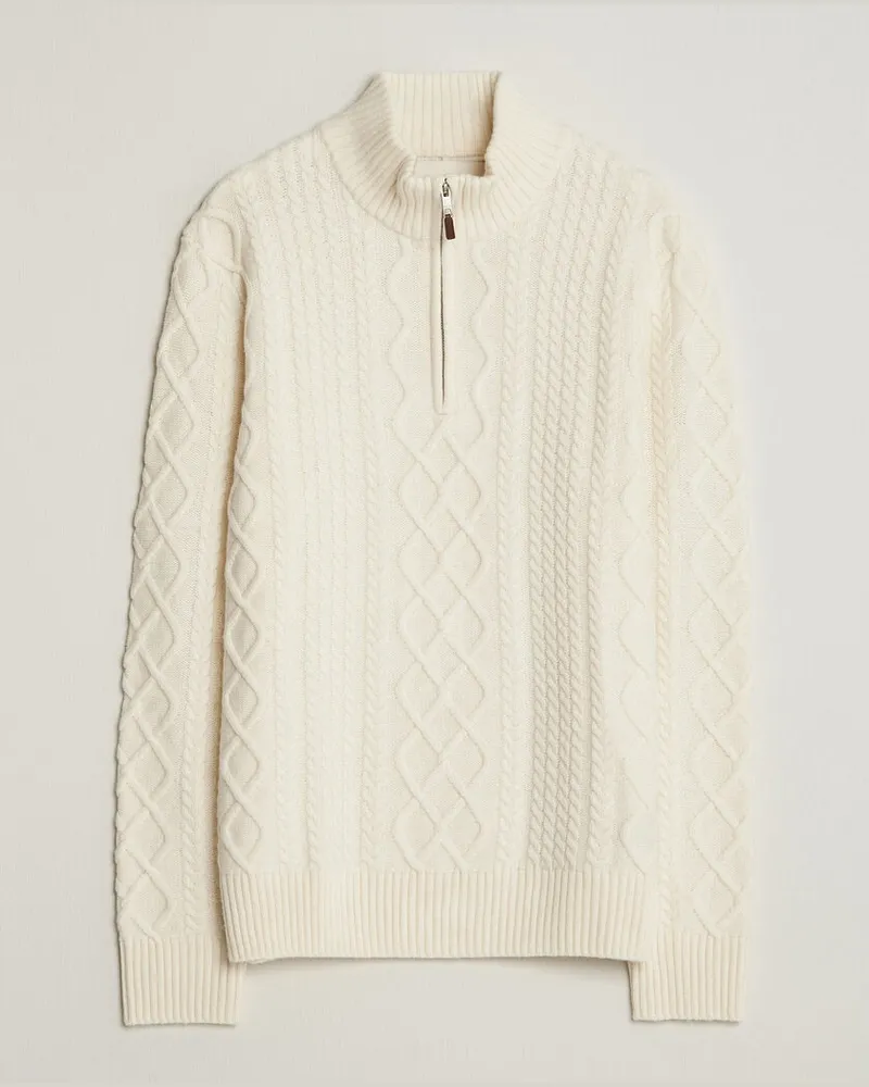 Gant Wool Cable Knitted Half Zip Cream Weiß