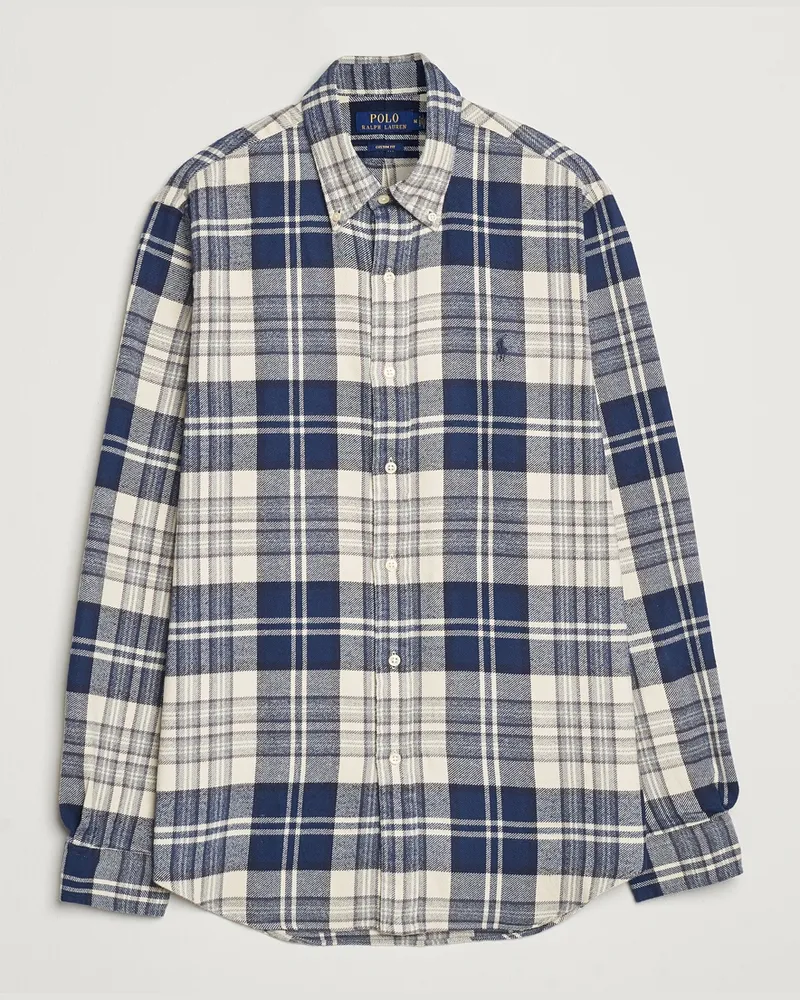 Ralph Lauren Custom Fit Brushed Flannel Checked Shirt Off White Blau