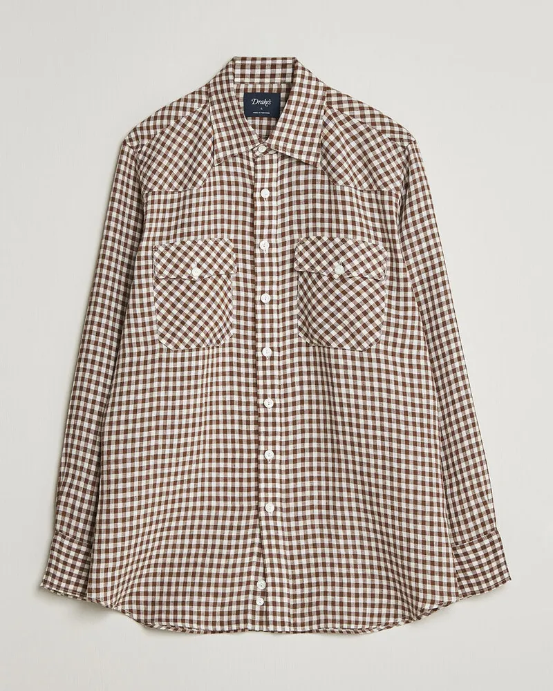 Drake's Linen Gingham Western Shirt Brown/White Braun