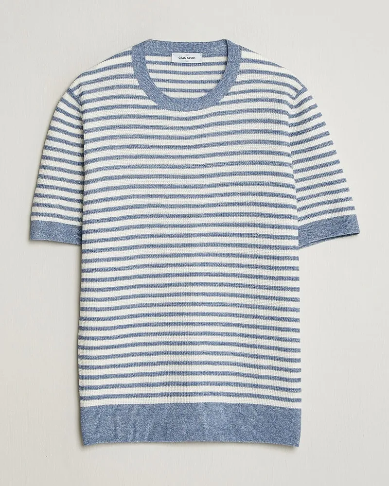 Gran Sasso Linen/Cotton Knitted Striped T-Shirt Blue/White Mehrfarbig