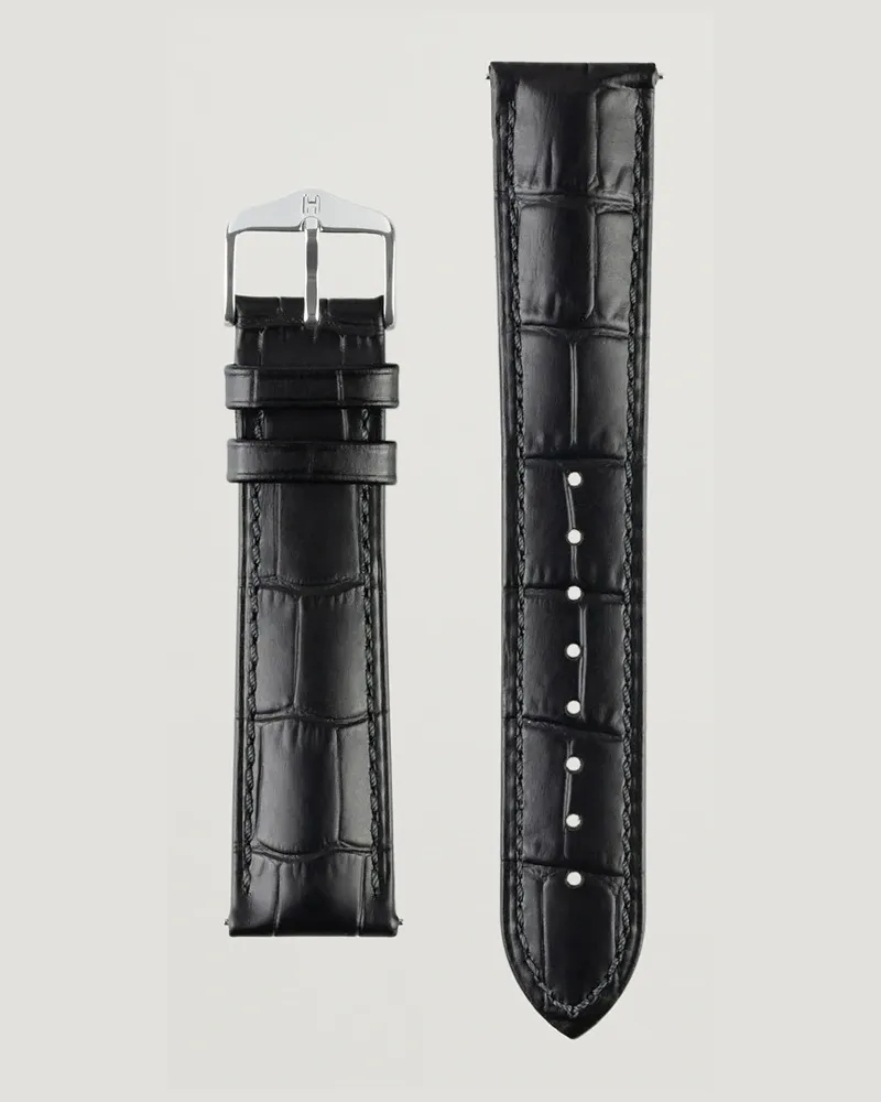 Hirsch Duke Embossed Leather Watch Strap Black Schwarz
