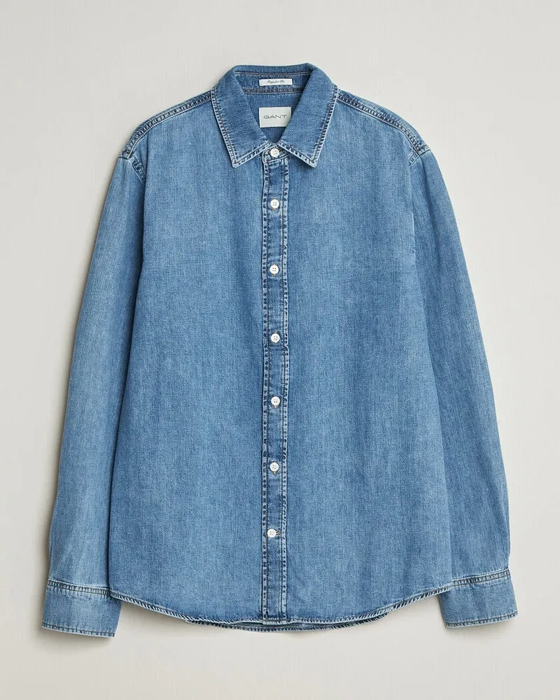 Gant Regular Fit Denim Shirt Semi Light Blue Worn In Blau