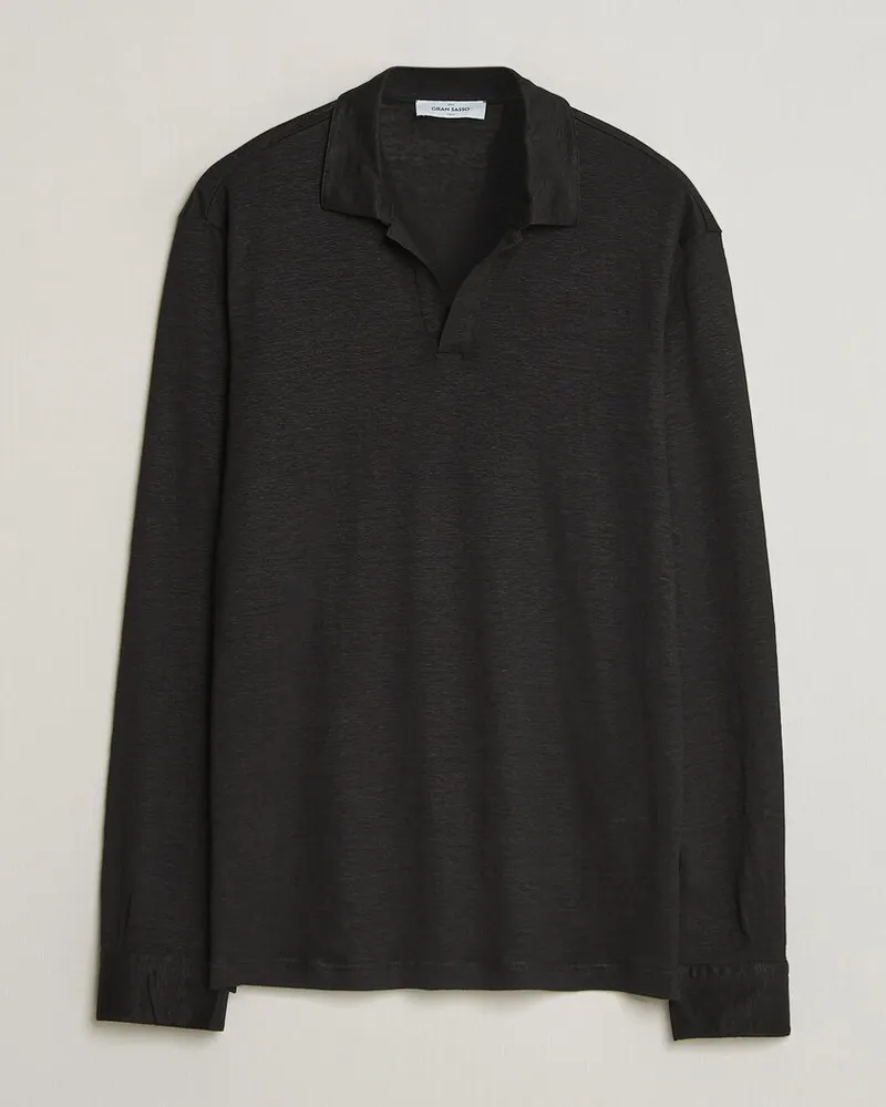 Gran Sasso Washed Linen Long Sleeve Polo Black Schwarz