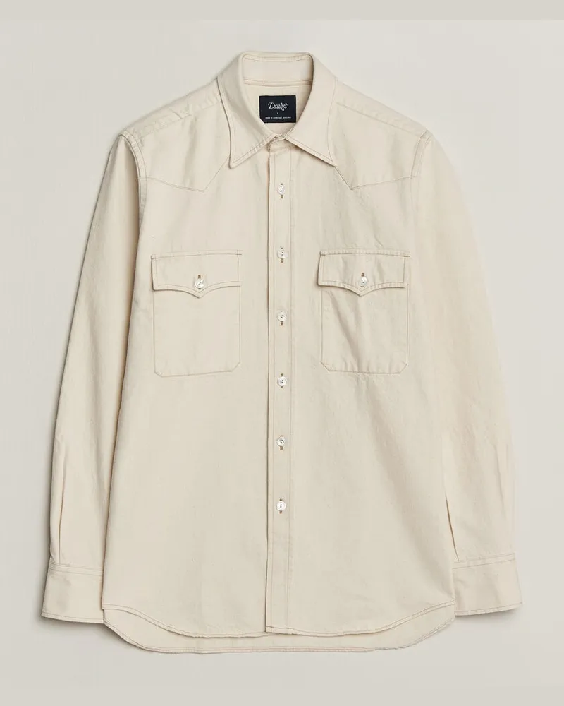 Drake's Drake Western Denim Shirt Stone Wash Ecru Weiß