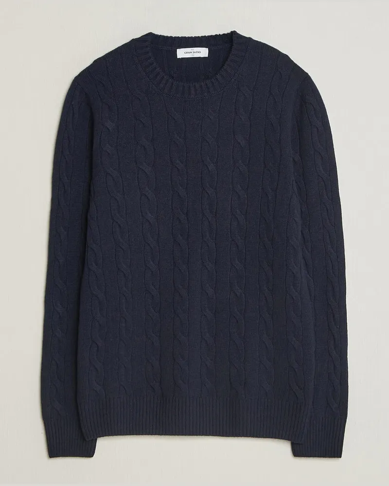 Gran Sasso Wool/Cashmere Cable Crew Neck Navy Blau