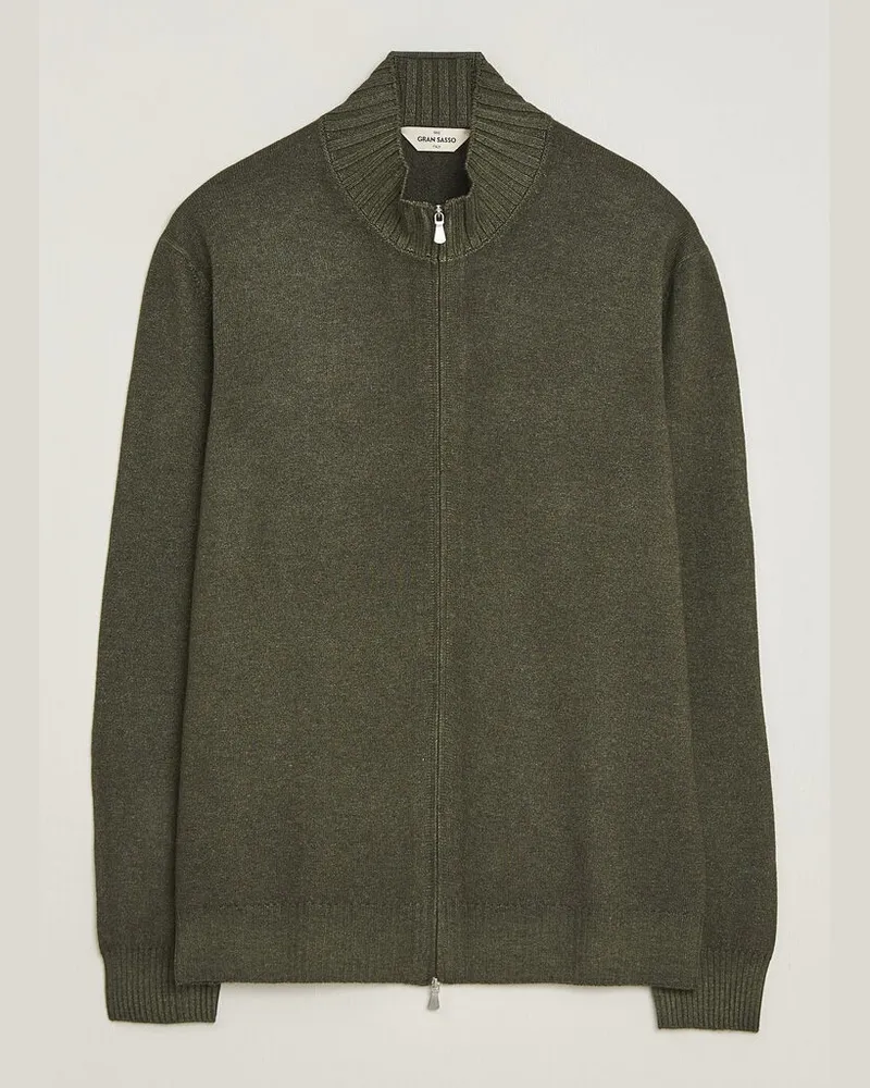 Gran Sasso Wool/Cashmere Washed Full Zip Olive Melange Grün