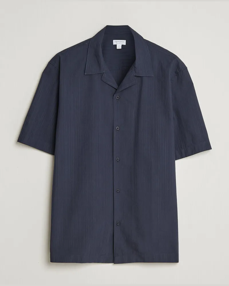 Sunspel Short Sleeve Textured Stripe Shirt Navy Blau