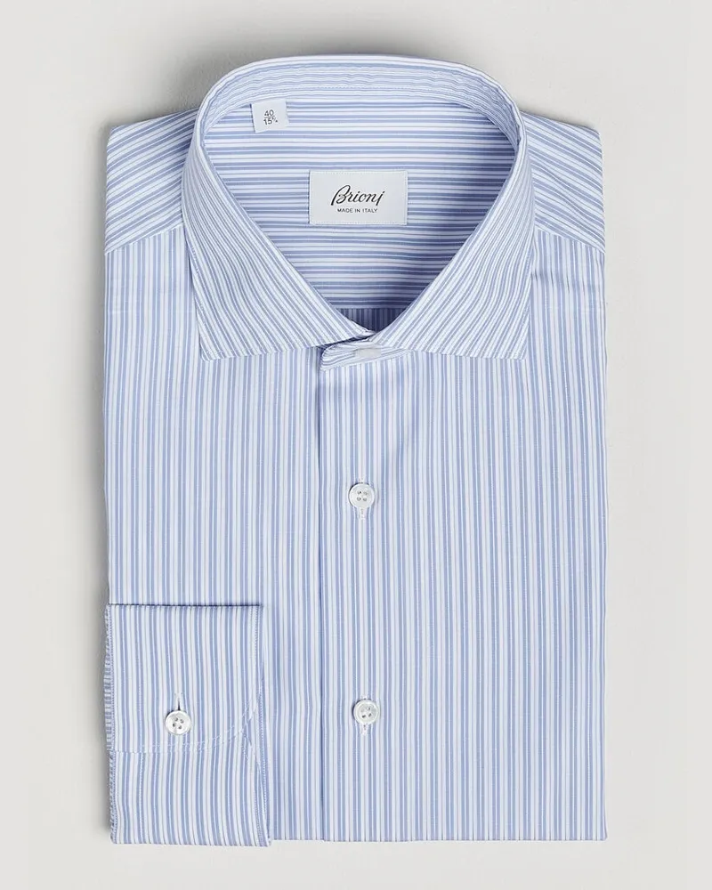 Brioni Poplin Cotton Dress Shirt Light Blue Stripe Blau