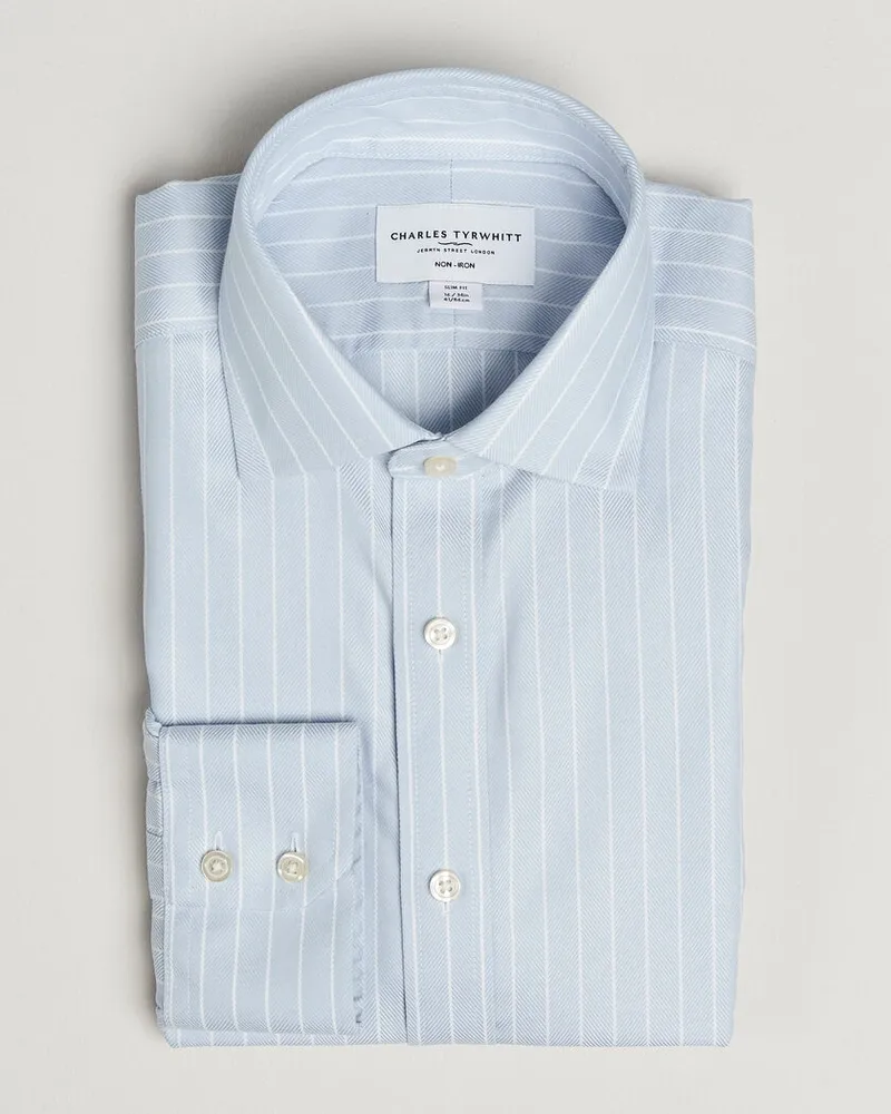 Charles Tyrwhitt Slim Fit Non Iron Herringbone Stripe Shirt Light Blue Blau