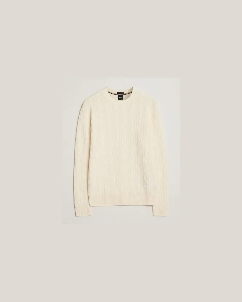 HUGO BOSS BOSS BLACK Hetico Wool/Cashmere Cable Sweater Open White Weiß