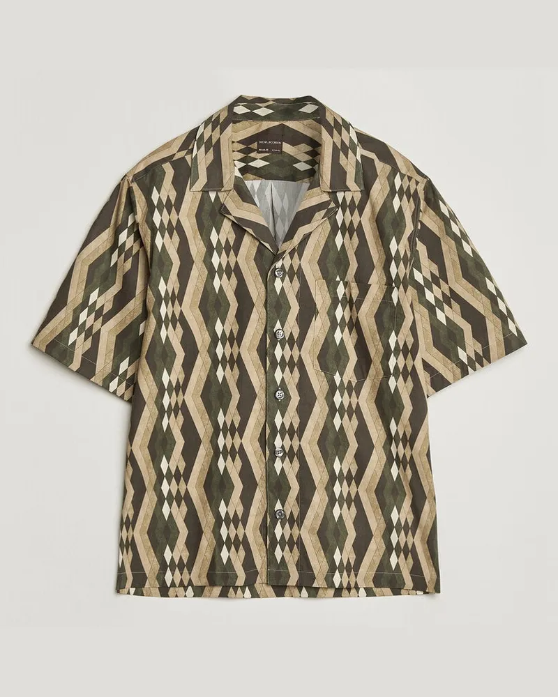 Oscar Jacobson Reg Fit Cuban Printed Short Sleeve Shirt Olive Grün