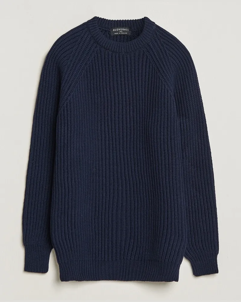 Gloverall Fisherman Rib Chunky Wool Crew Neck Navy Blau