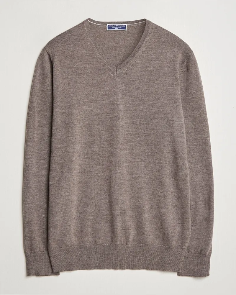 Charles Tyrwhitt Pure Merino V-Neck Jumper Mocha Braun