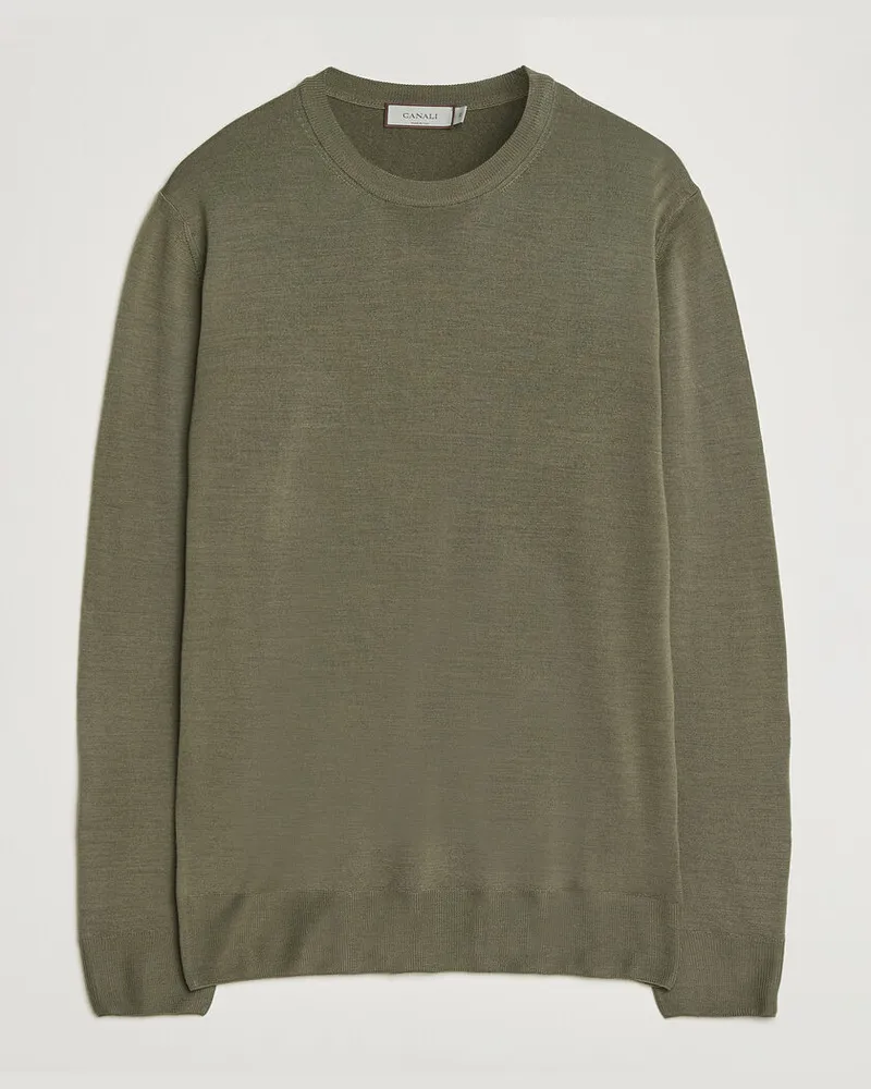 Canali Merino Wool Crew Neck Olive Grün