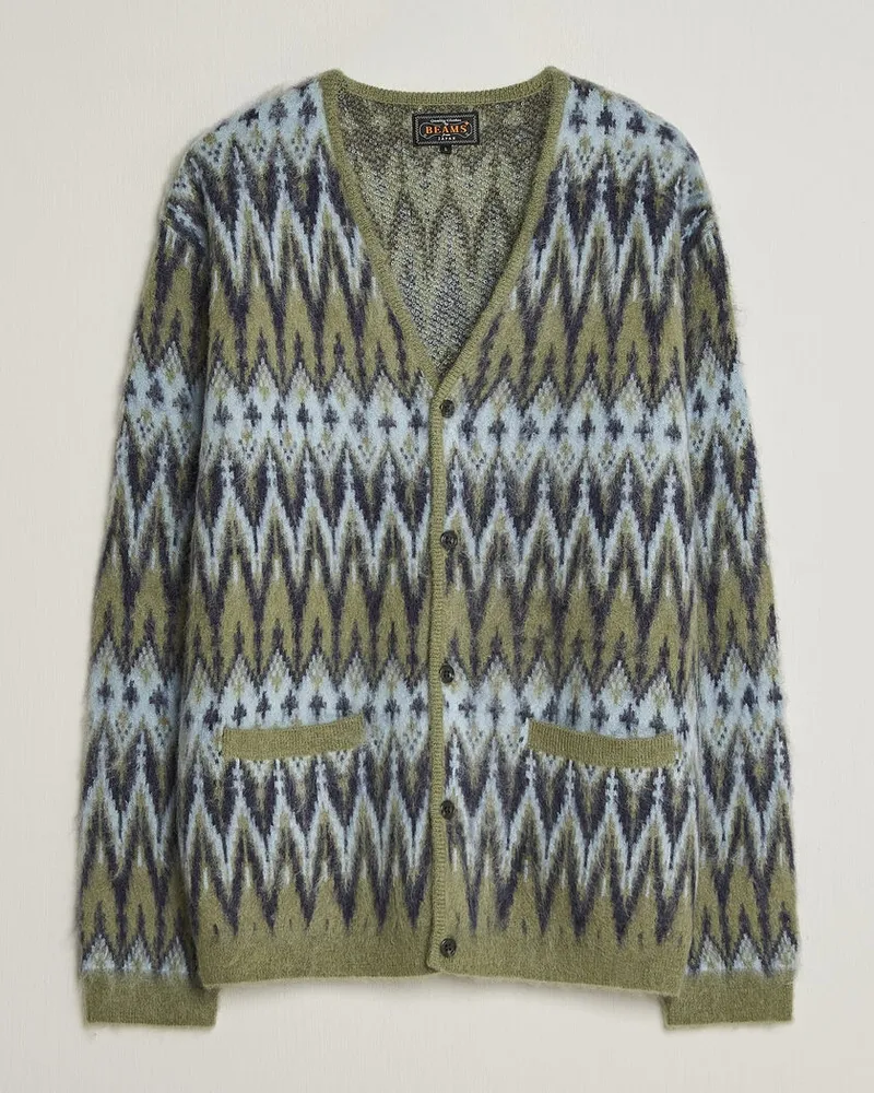Beams Plus Chevron Jacquard Cardigan Green/Grey Grün
