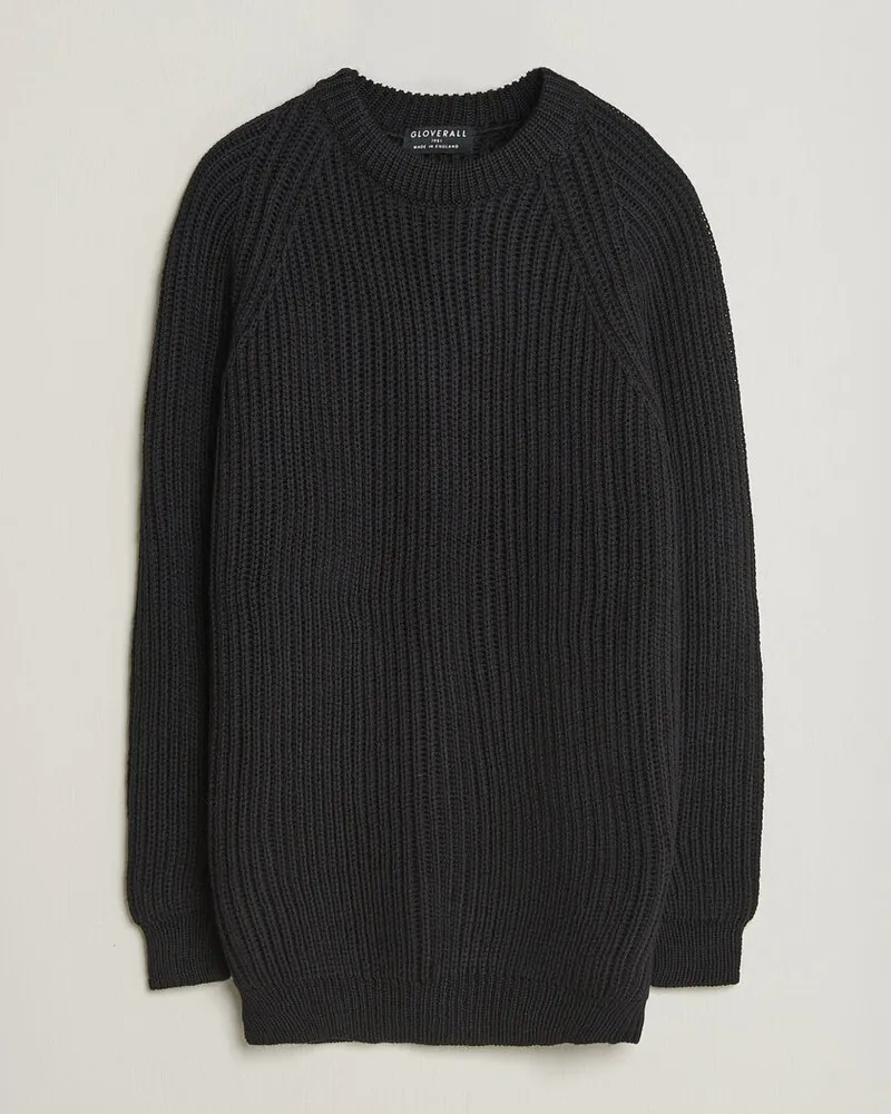 Gloverall Fisherman Rib Chunky Wool Crew Neck Black Schwarz