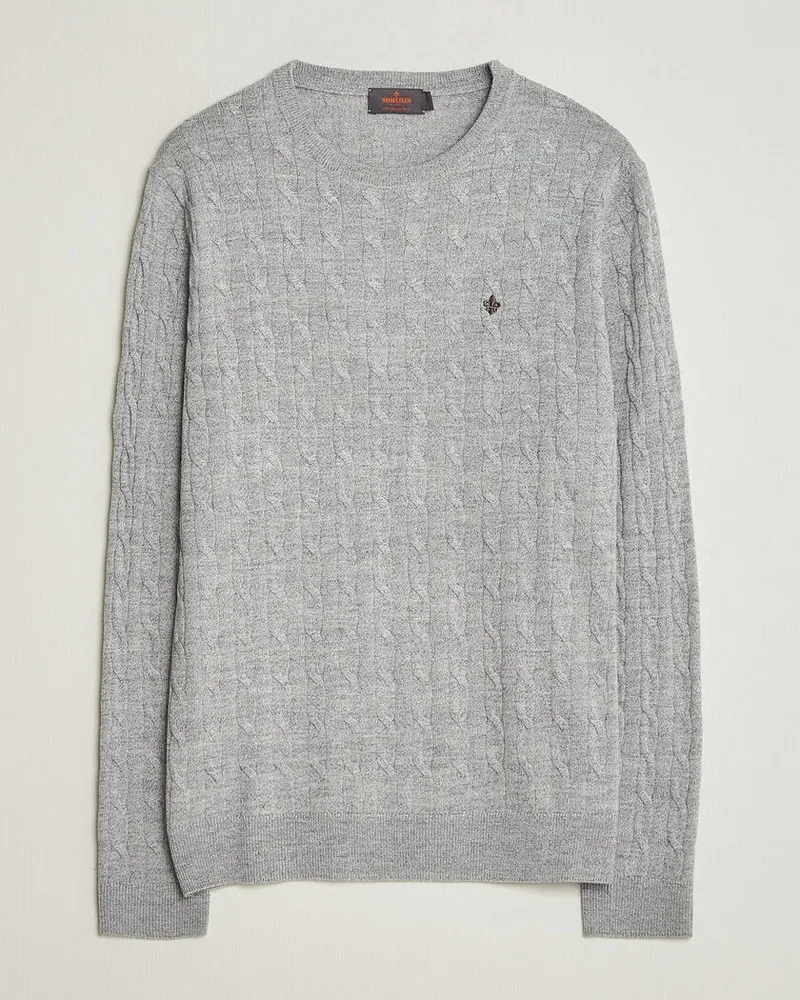 Morris Merino Cable O-Neck Mid Grey Grau