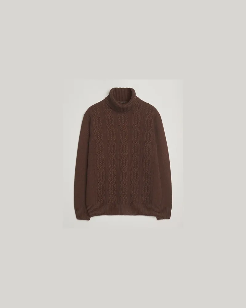 Oscar Jacobson Heavy Knitted Wool/Cashmere Cable Polo Golden Brown Braun