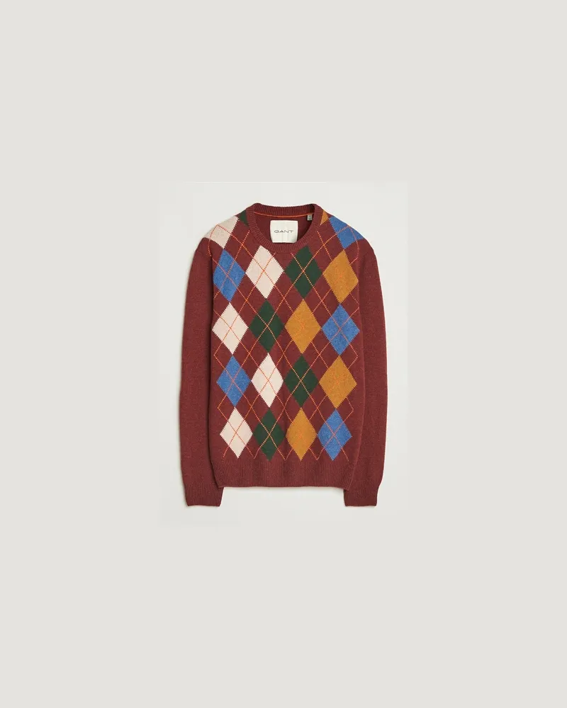 Gant Lambswool Argyle Knitted Crew Neck Winter Wine Rot