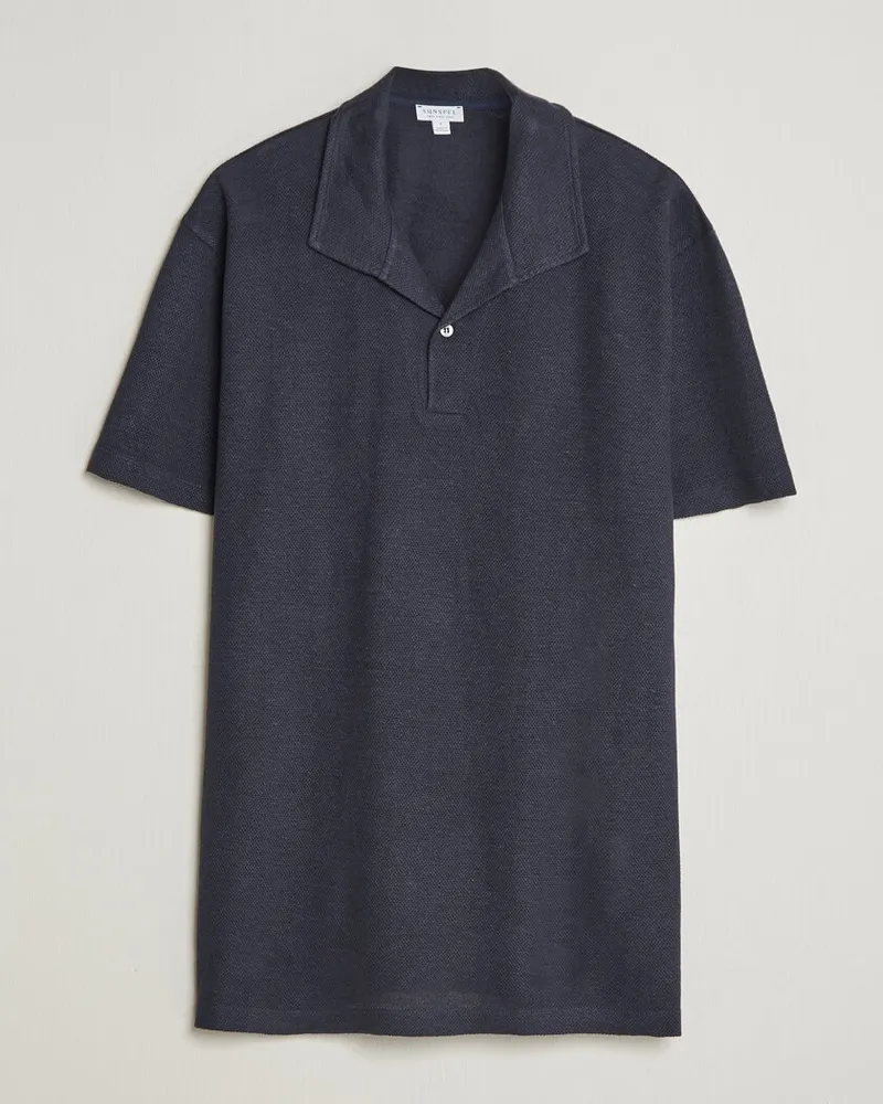 Sunspel Cotton/Linen Pique Polo Navy Blau