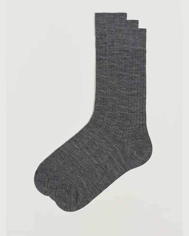 Bresciani 3-pack Wool/Nylon Ribbed Short Socks Medium Grey Grau