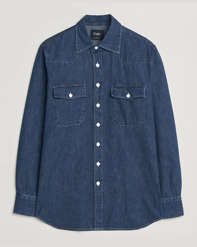 Drake's Drake Light Denim Western Shirt Stone Wash Blau