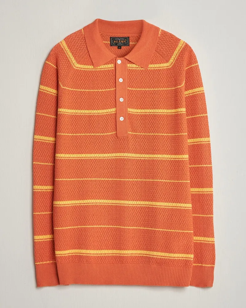 Beams Plus Long Sleeve Knit Polo Orange Stripe Orange