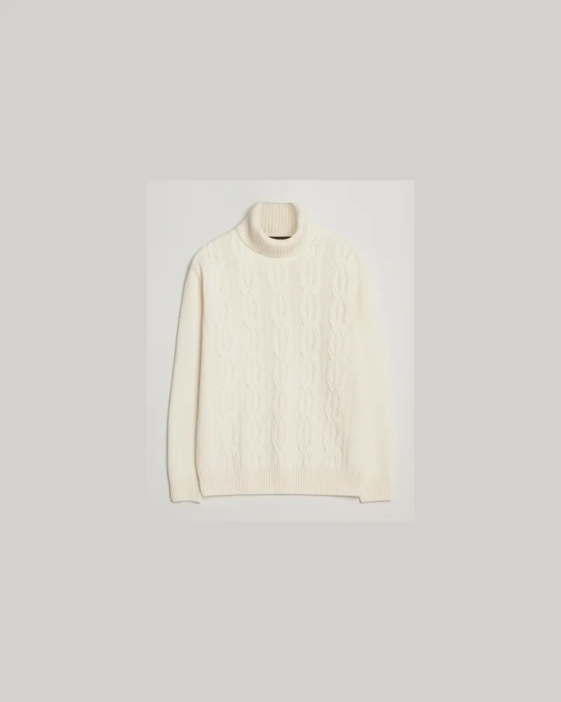 Oscar Jacobson Heavy Knitted Wool/Cashmere Cable Polo White Weiß