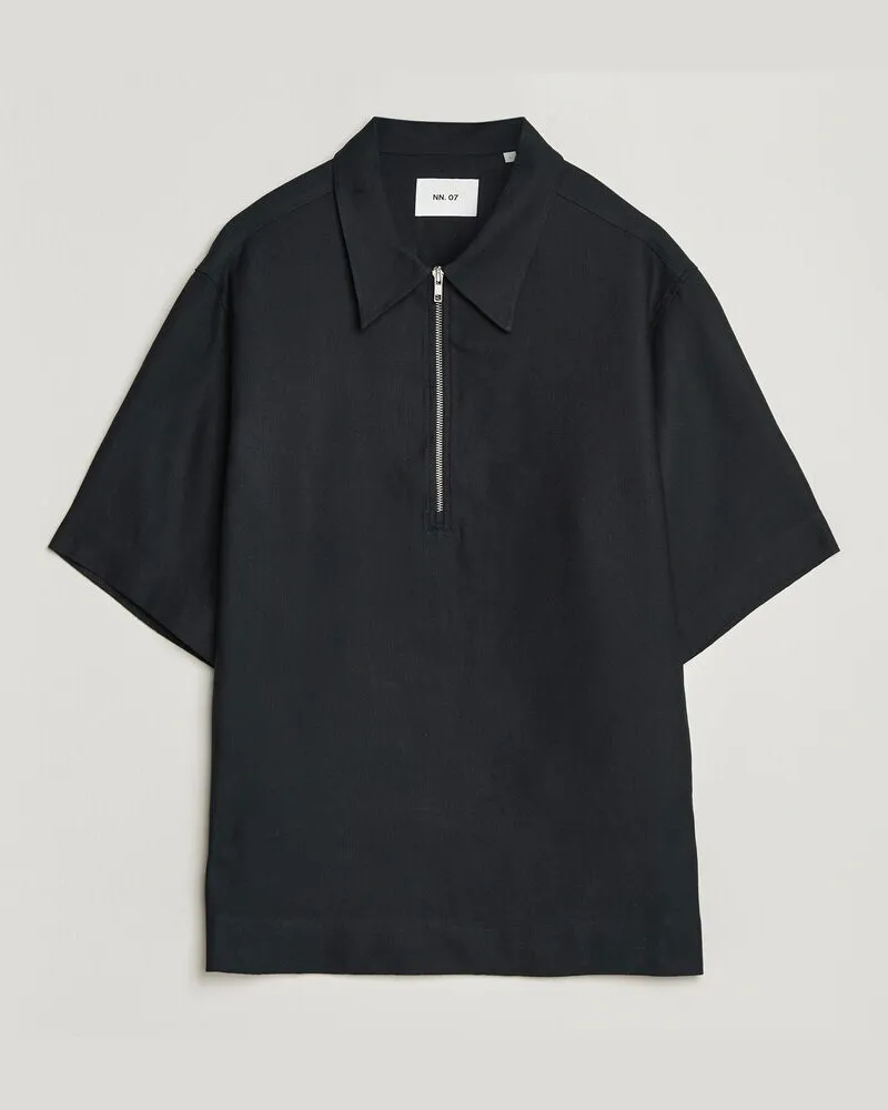 NN 07 Bruno Linen/Viscose Half Zip Polo Black Schwarz