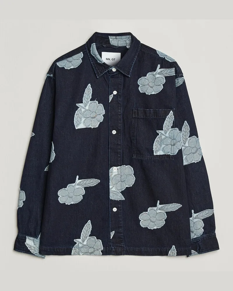 NN 07 Adwin Fil‑coupé Jacquard Denim Overshirt Dark Blue Blau