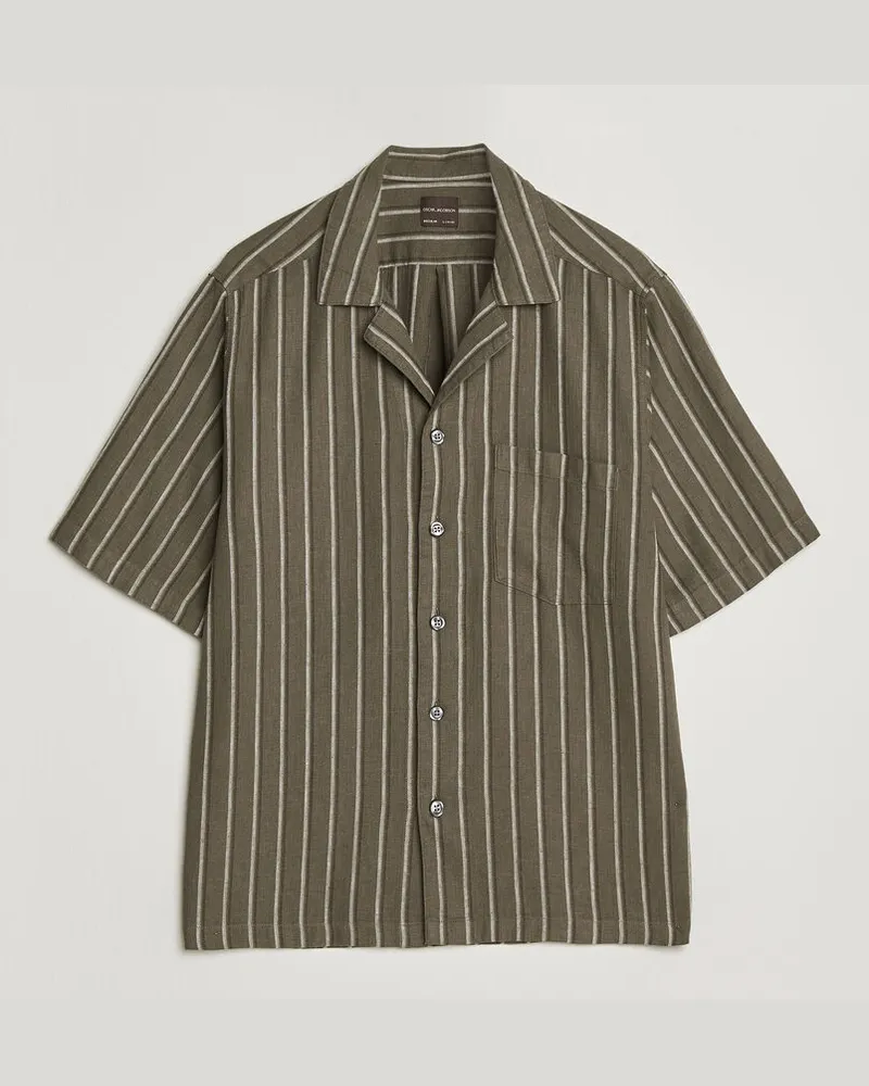 Oscar Jacobson Reg Fit Cuban Herringbone Short Sleeve Shirt Green Grün