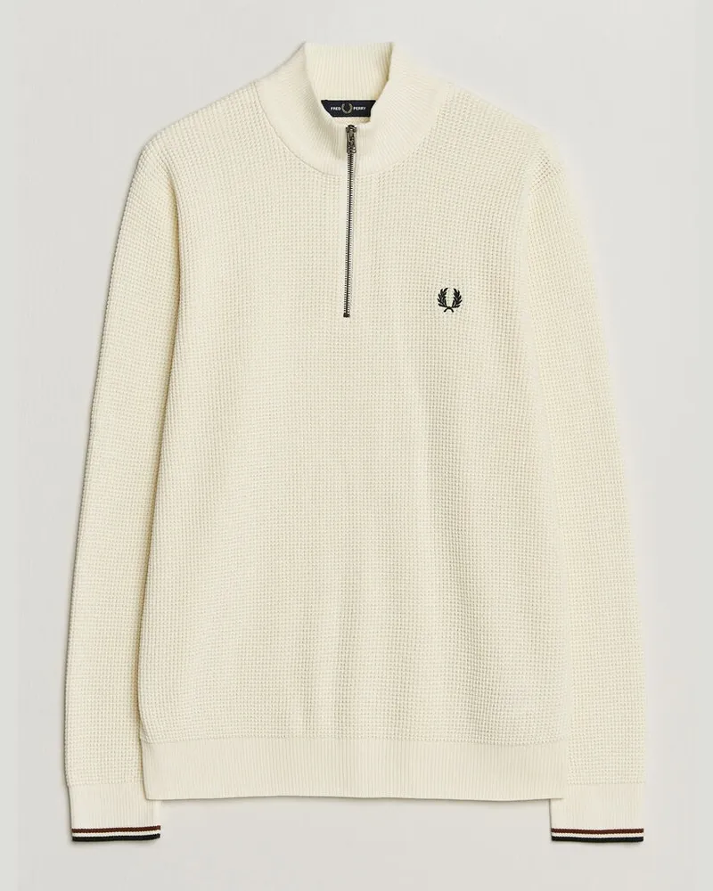 Fred Perry Waffle Stitch Half Zip Ecru Weiß