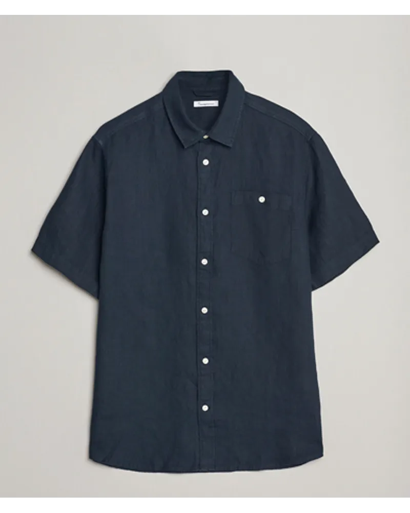 Knowledge Cotton Apparel Regular Kurzarm Leinen Shirt Total Eclipse Blau