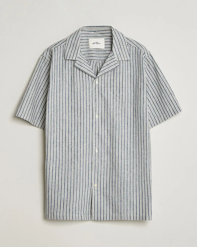 LES DEUX Stripe Cotton/Linen Short Sleeve Shirt Dark Blue Blau